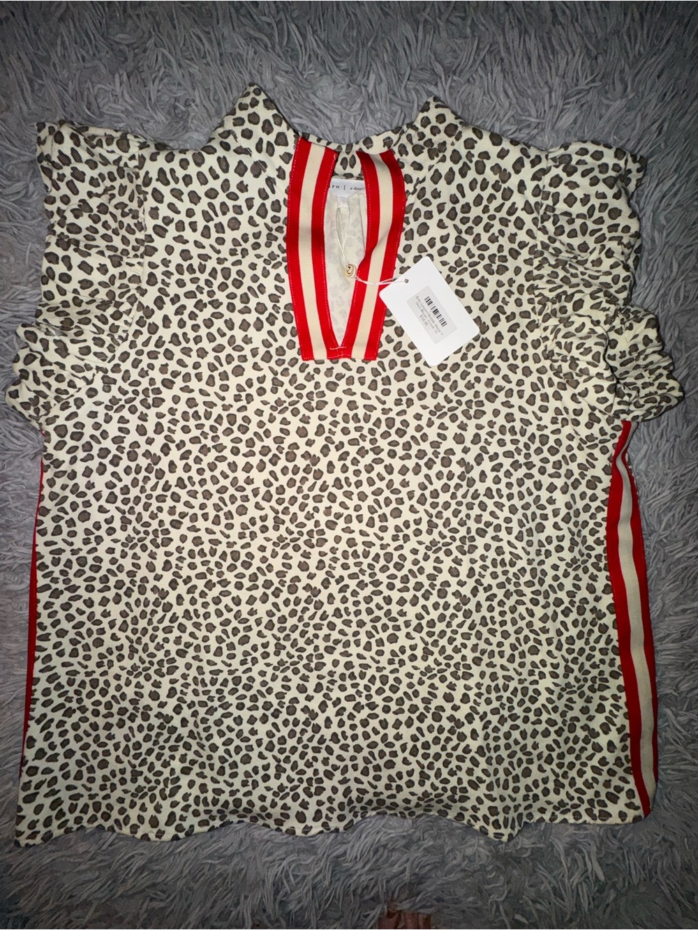 Entro Leopard Bubble Sleeve V-Neck Blouse XL NWT Animal Print Red Stripe